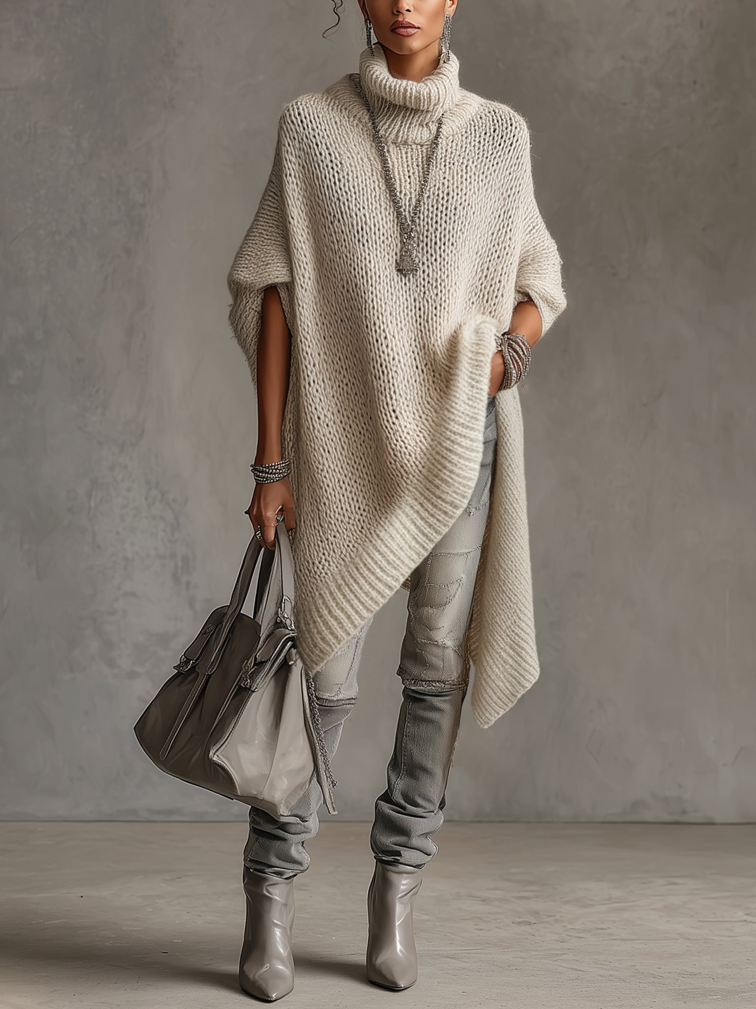 Ivory Asymmetrical Hem Loose Turtleneck Midi Dress