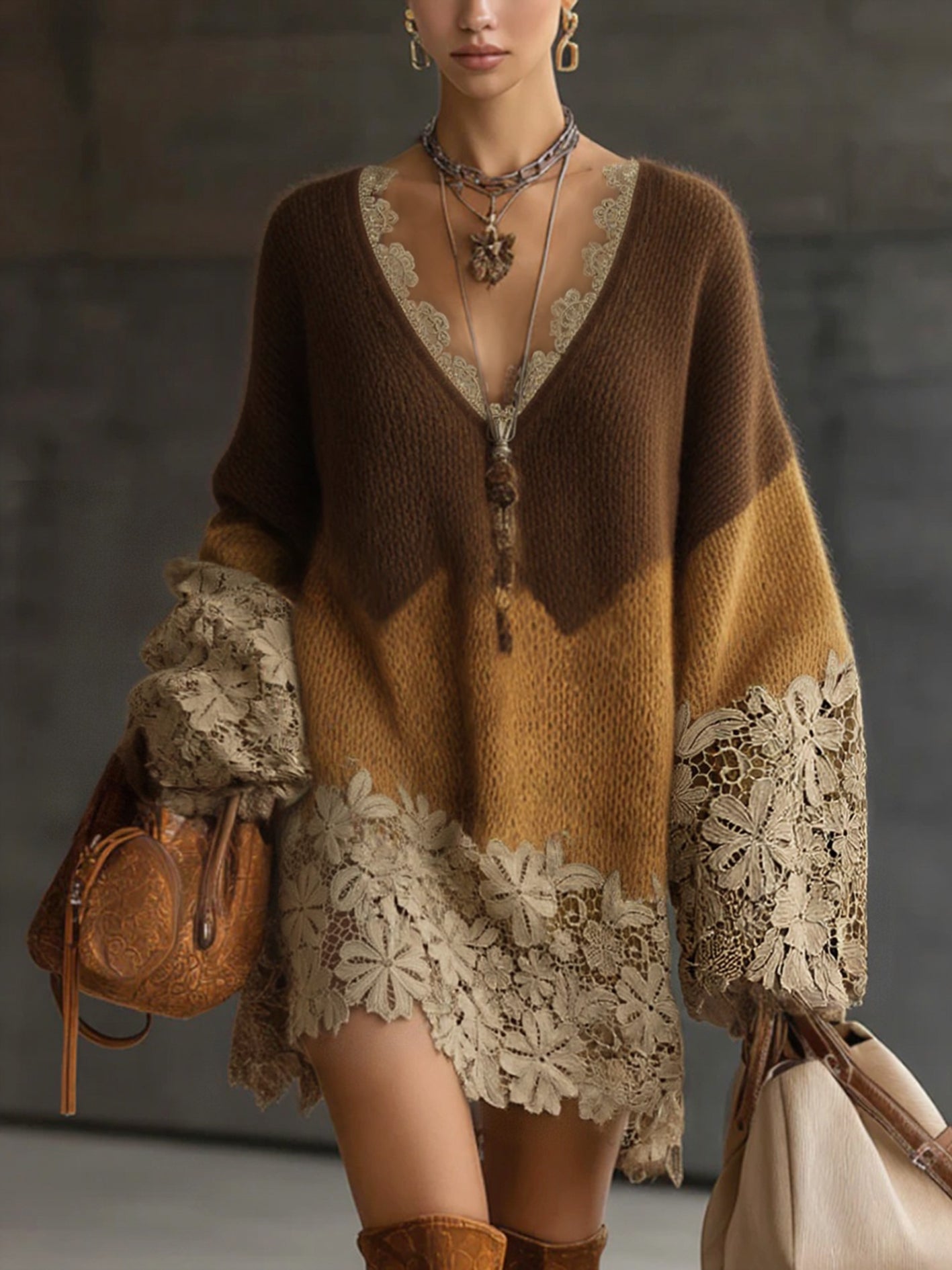 Brown Ombre Knit Lace Oversized Long Sleeve Mini Dress