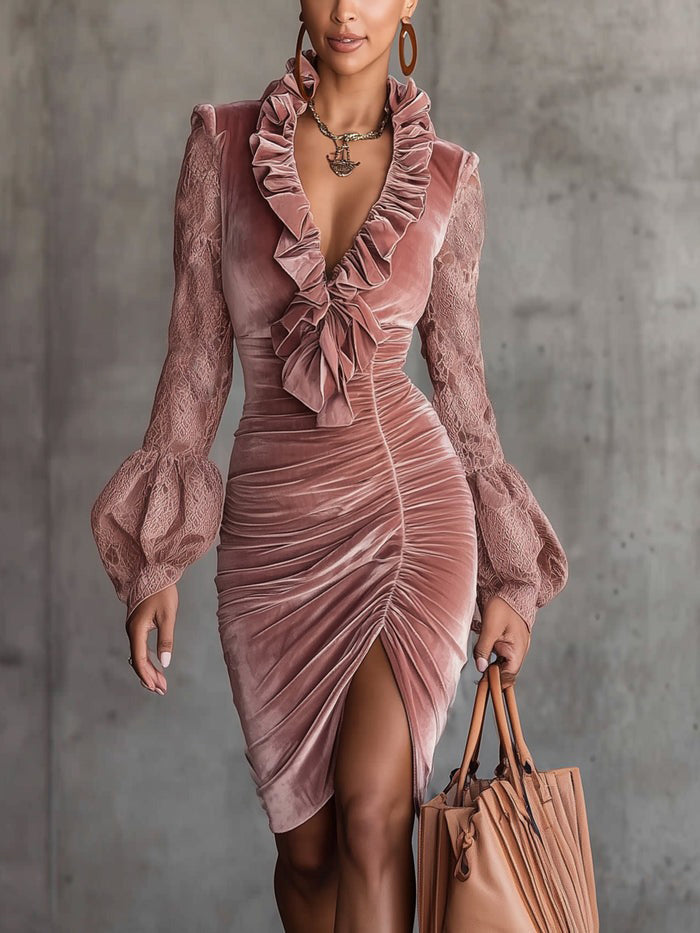 Pink Velvet Ruffled V-Neck Dress With Lace Balloon Sleeves