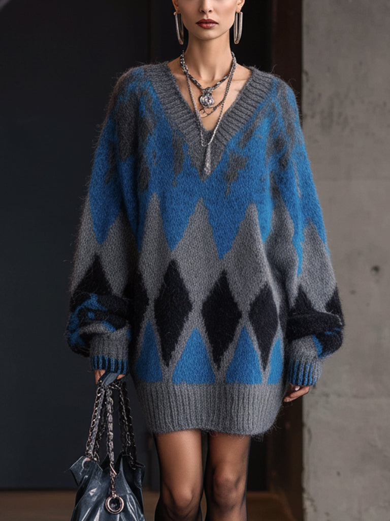 Blue Argyle Knit Oversized Sweater Mini Dress