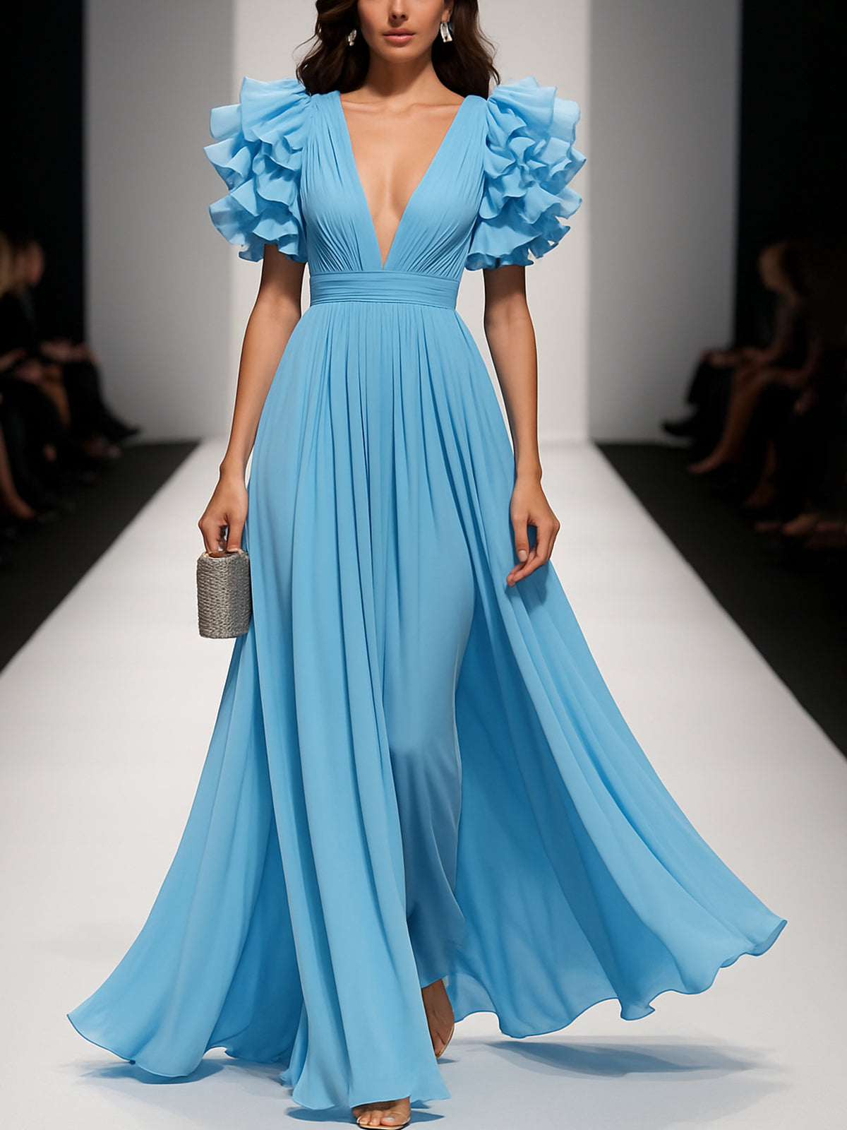 Ruffled Short-Sleeve V-Neck Chiffon Maxi Dress