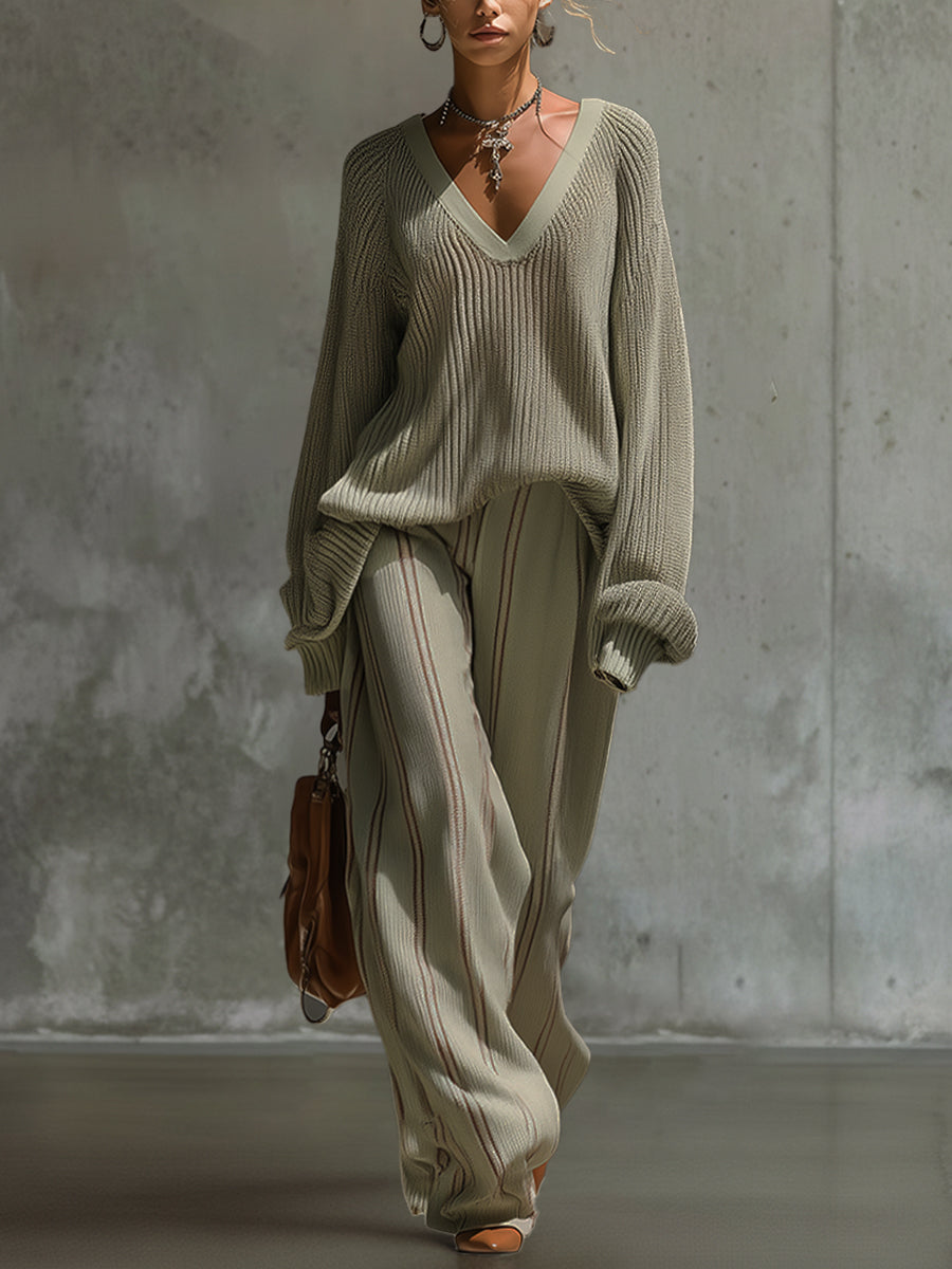 Sage Green Loose Knit V-Neck Top And Wide Leg Pants Set