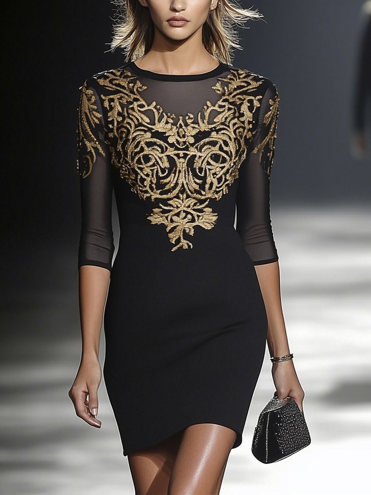 Black Bodycon Dress With Gold Embroidered Patterns And Mesh Sleeves