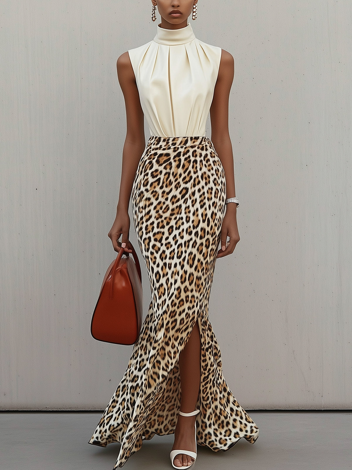 Cream Turtleneck Pleats With Leopard Print Maxi Dress