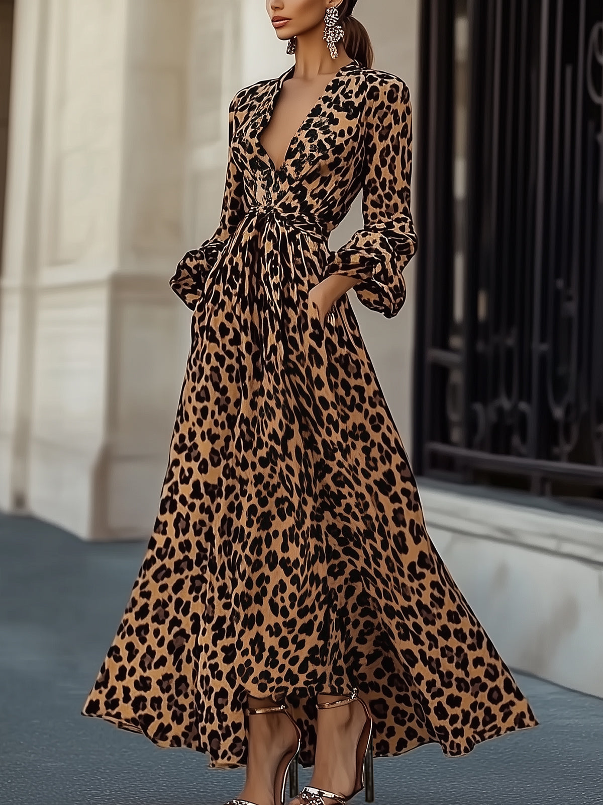 V-Neck Leopard Print Long Dress With Flare Sleeves