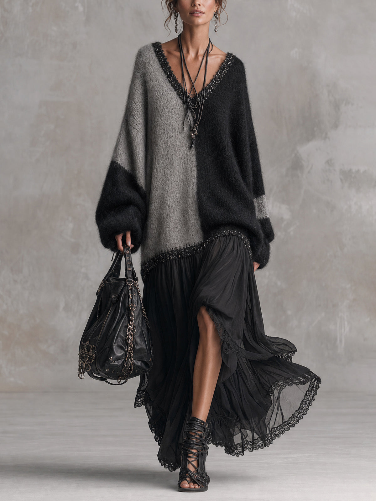 Black And Gray Chiffon Patchwork Oversized Knit Maxi Dress
