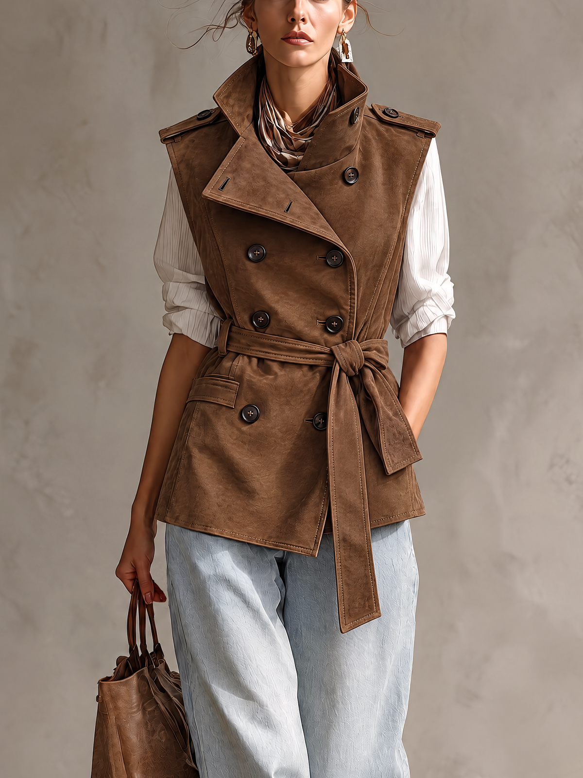 Cognac Suede Sleeveless Trench Vest With Funnel Collar And Belted Waist