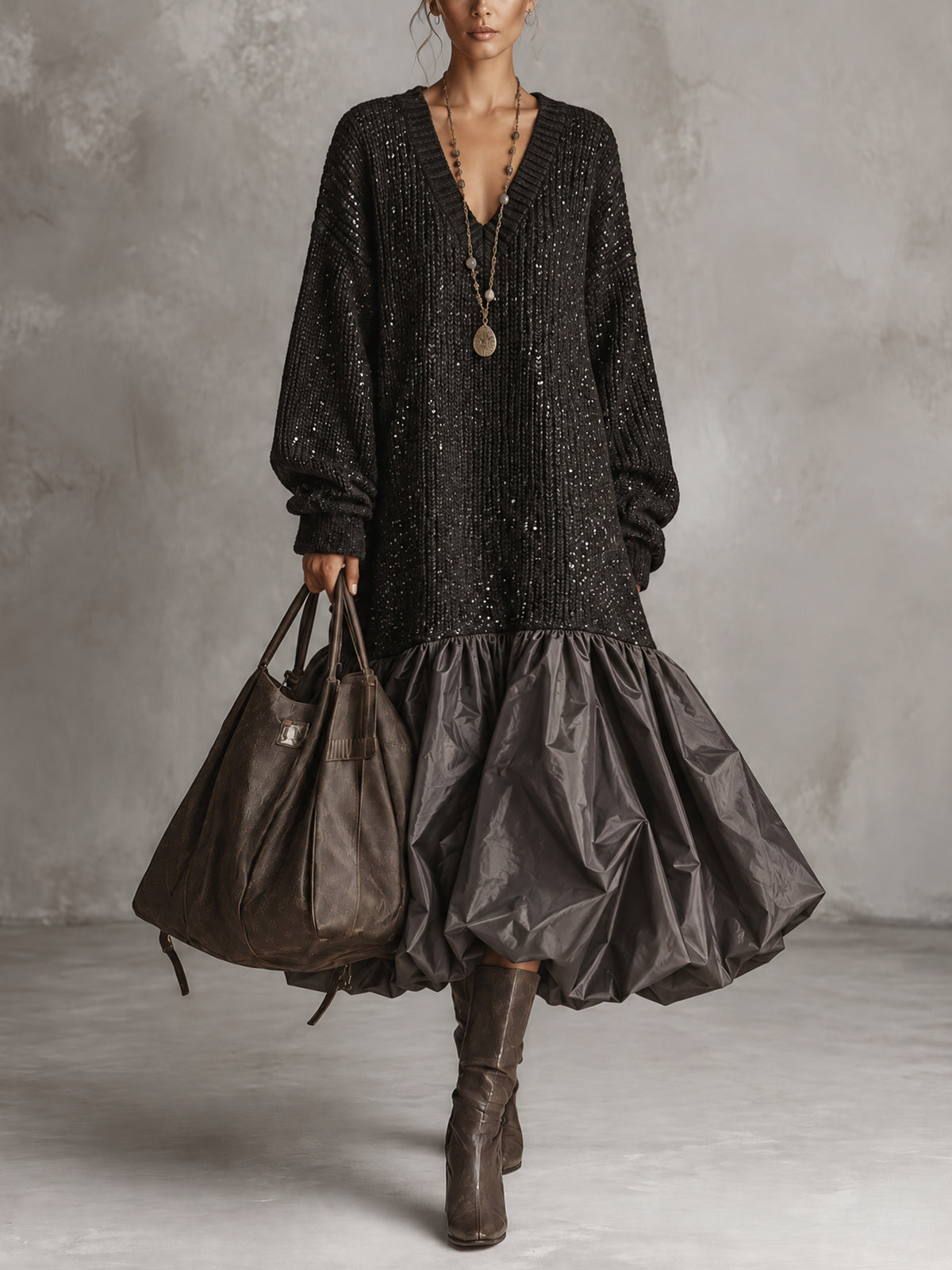 Black Sequin Knit V-Neck Taffeta Patchwork Bubble Hem Oversized Midi Dress