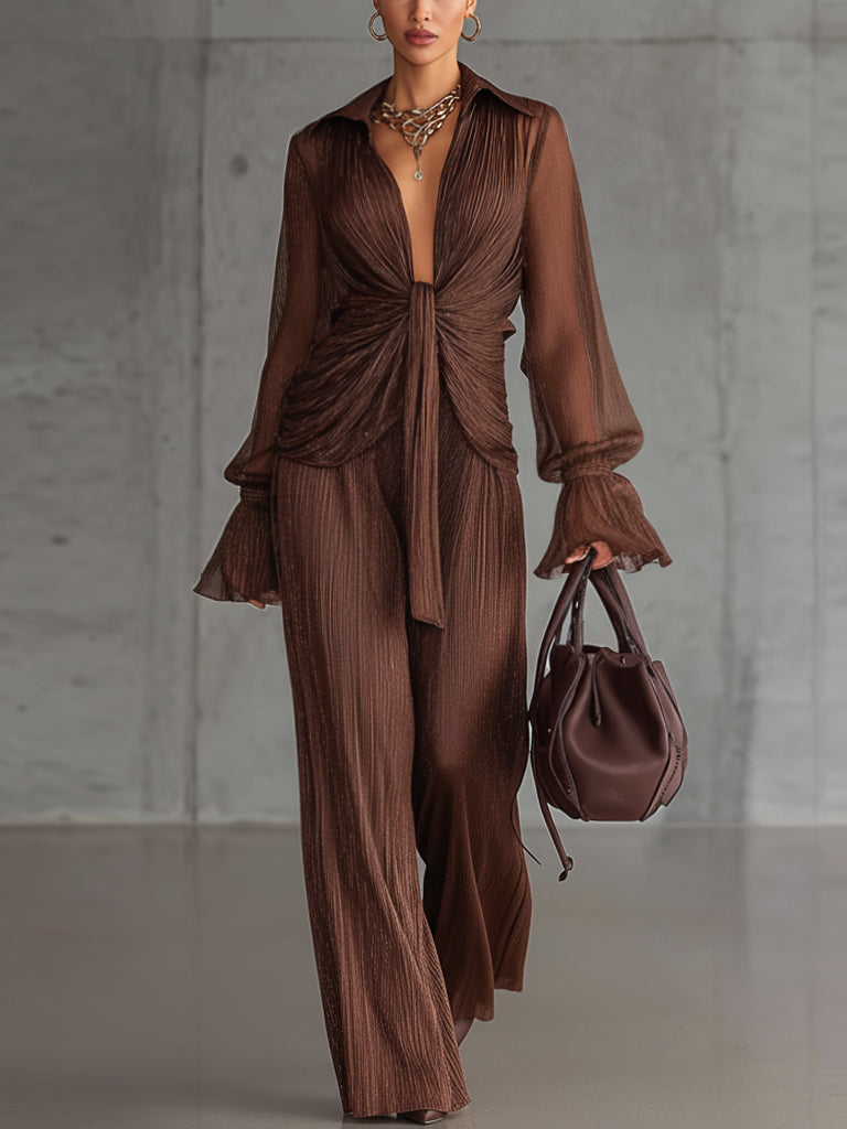 Coffee Ruched Shimmer Tie Front Top And Wide Leg Pants Set
