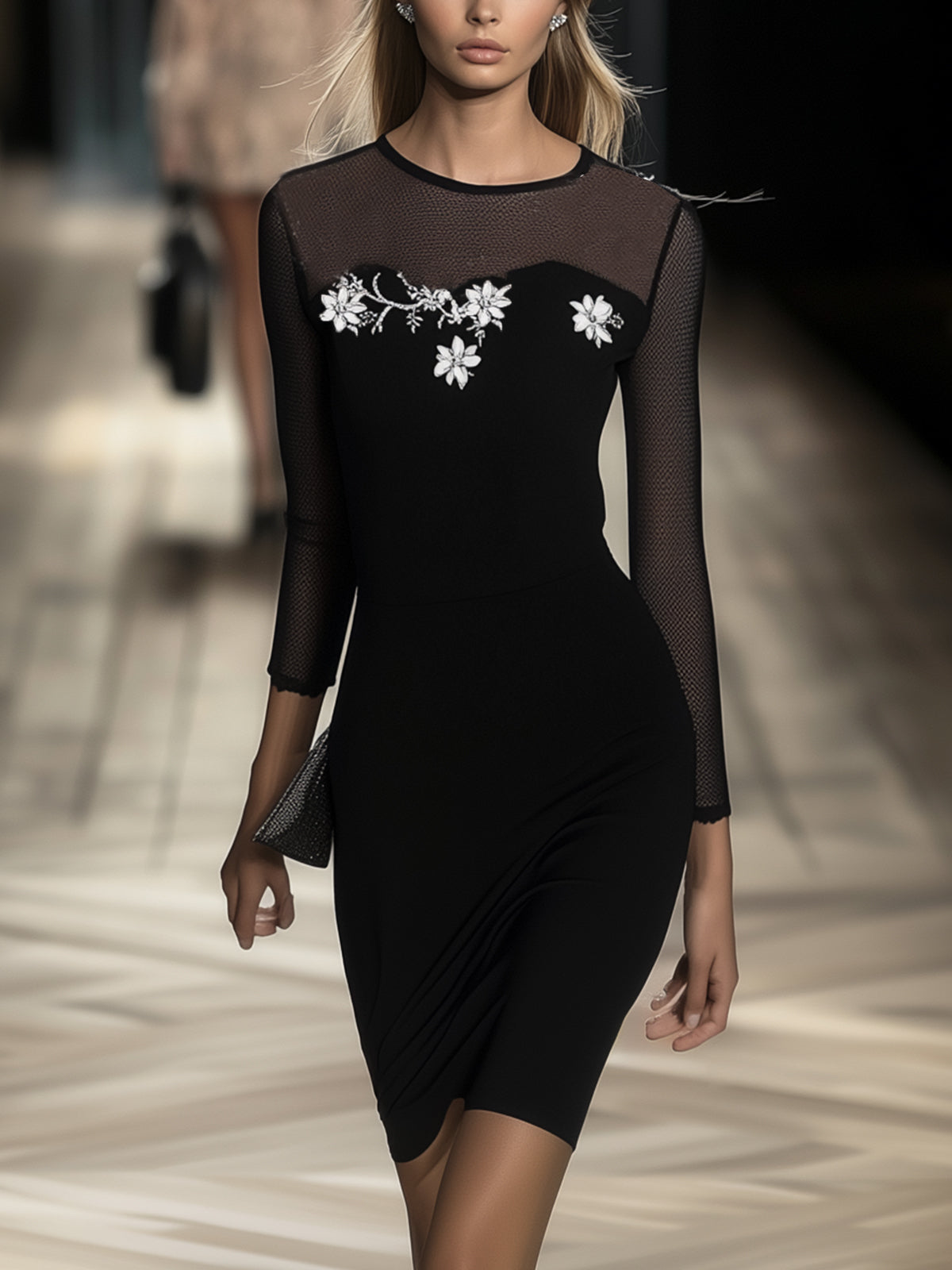 Black Bodycon Dress With Mesh Neckline And Sleeves Featuring Floral Print