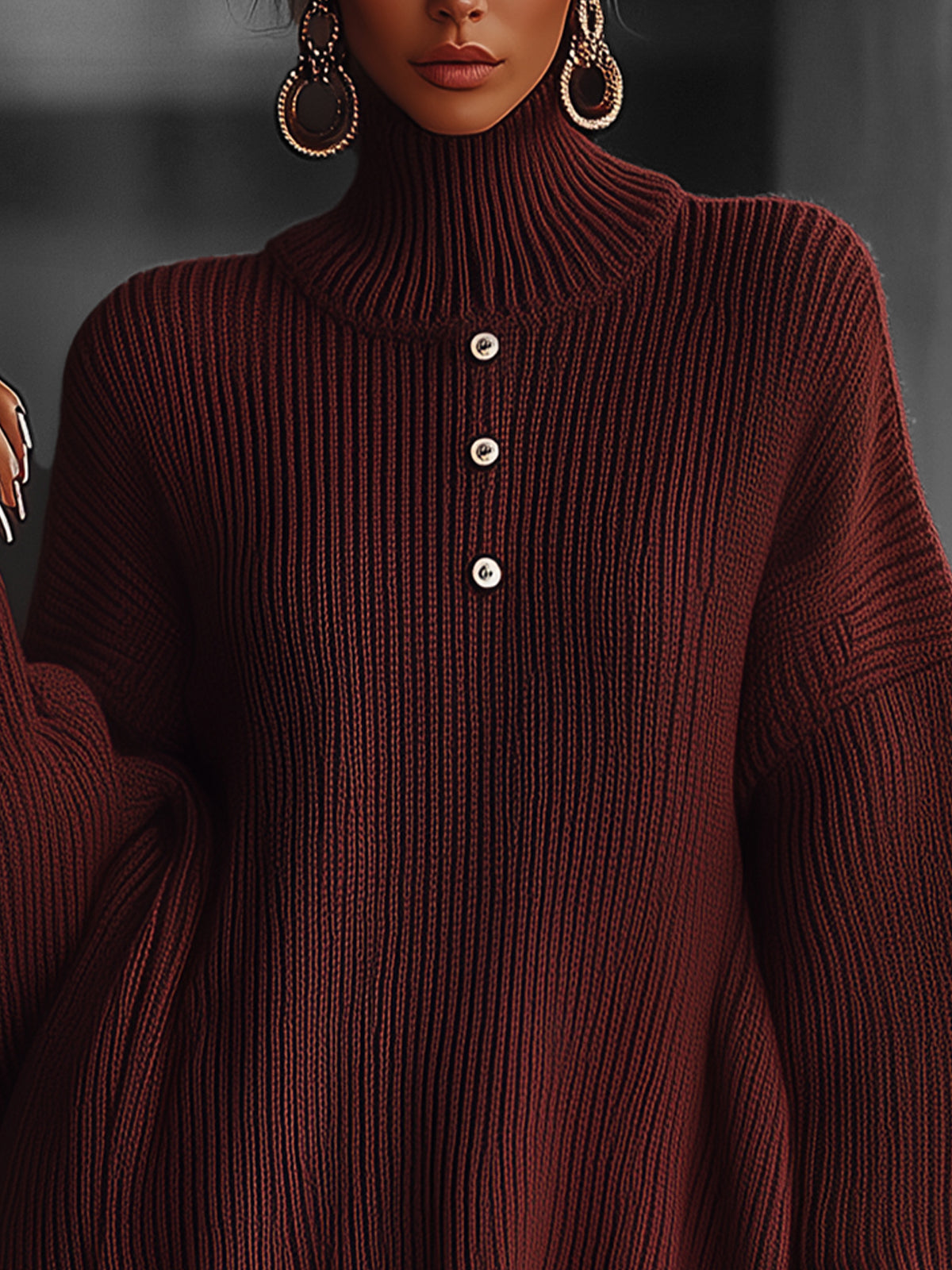 Claret Oversized Ribbed Knit Sweater Dress With Button Detail