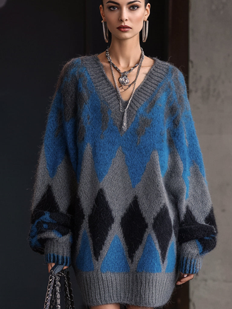 Blue Argyle Knit Oversized Sweater Mini Dress