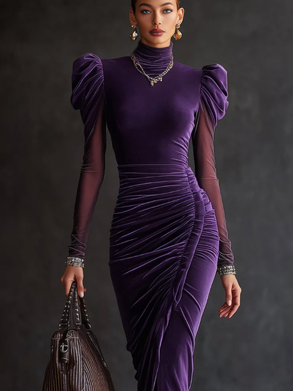 24-Hour-Shipping Plum Velvet Mesh Sleeve Draped Bodycon Dress