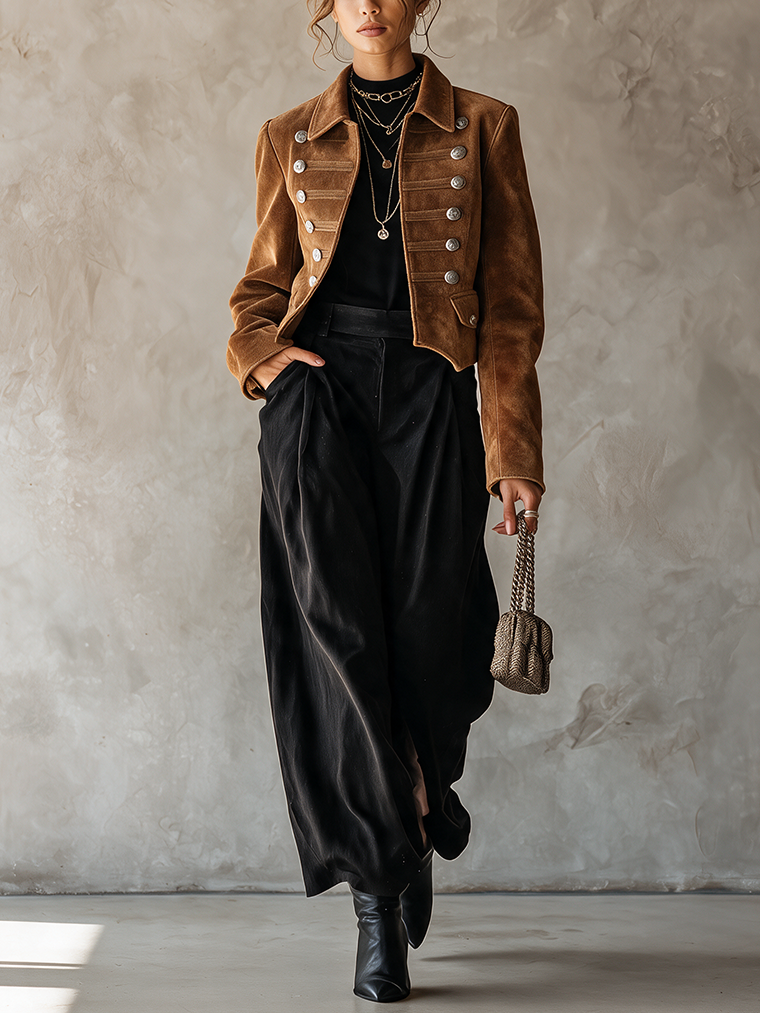 Cognac Brown Suede Military Jacket