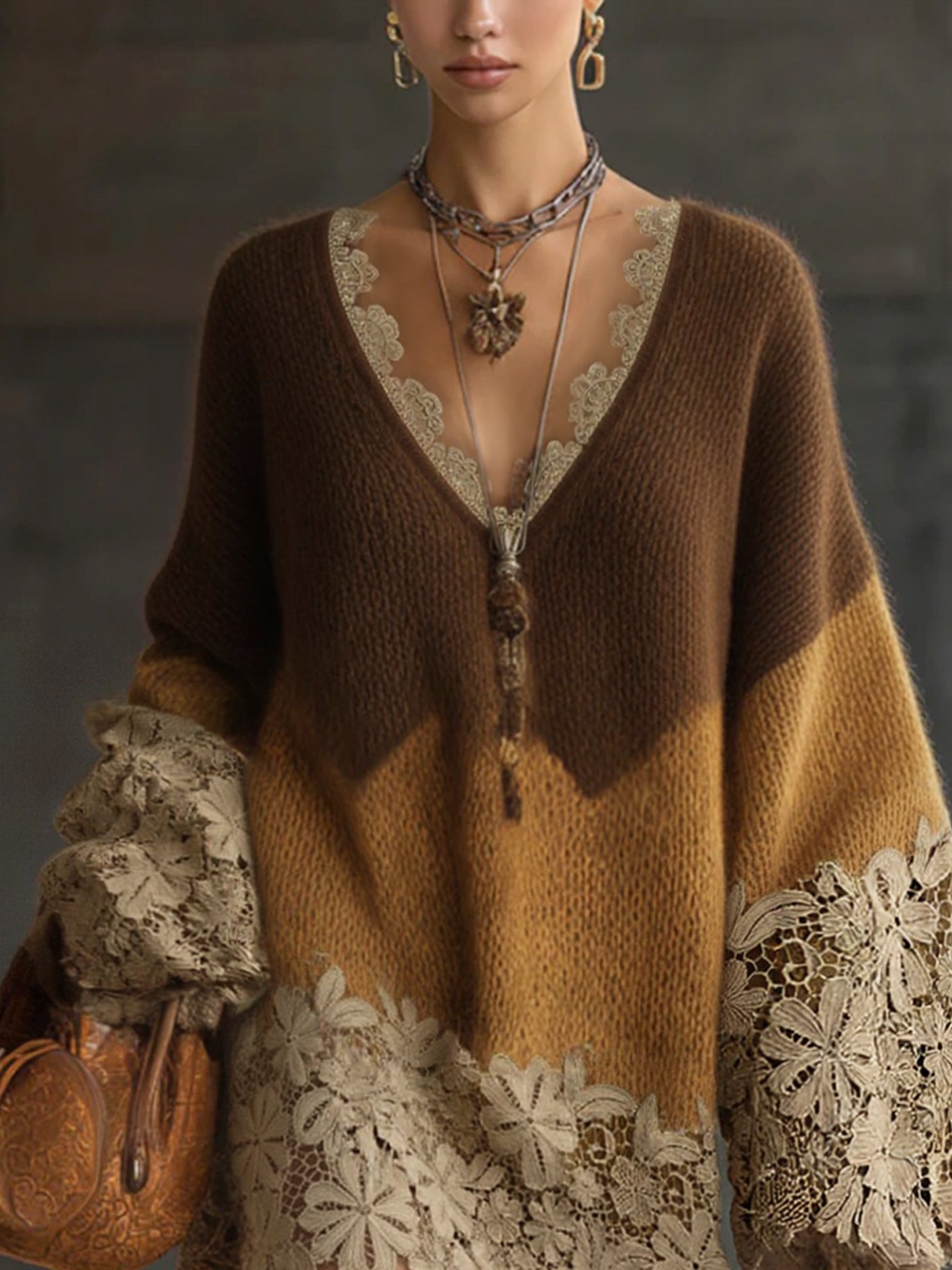 Brown Ombre Knit Lace Oversized Long Sleeve Mini Dress