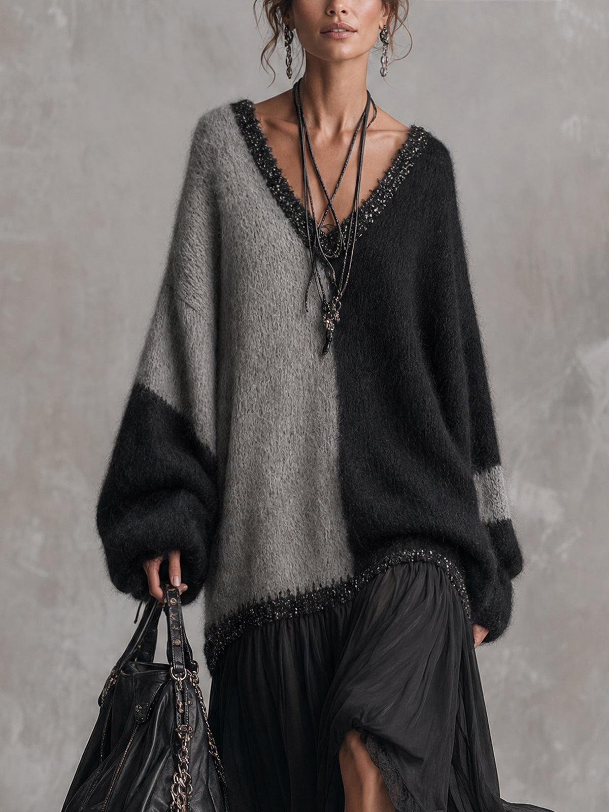 Black And Gray Chiffon Patchwork Oversized Knit Maxi Dress