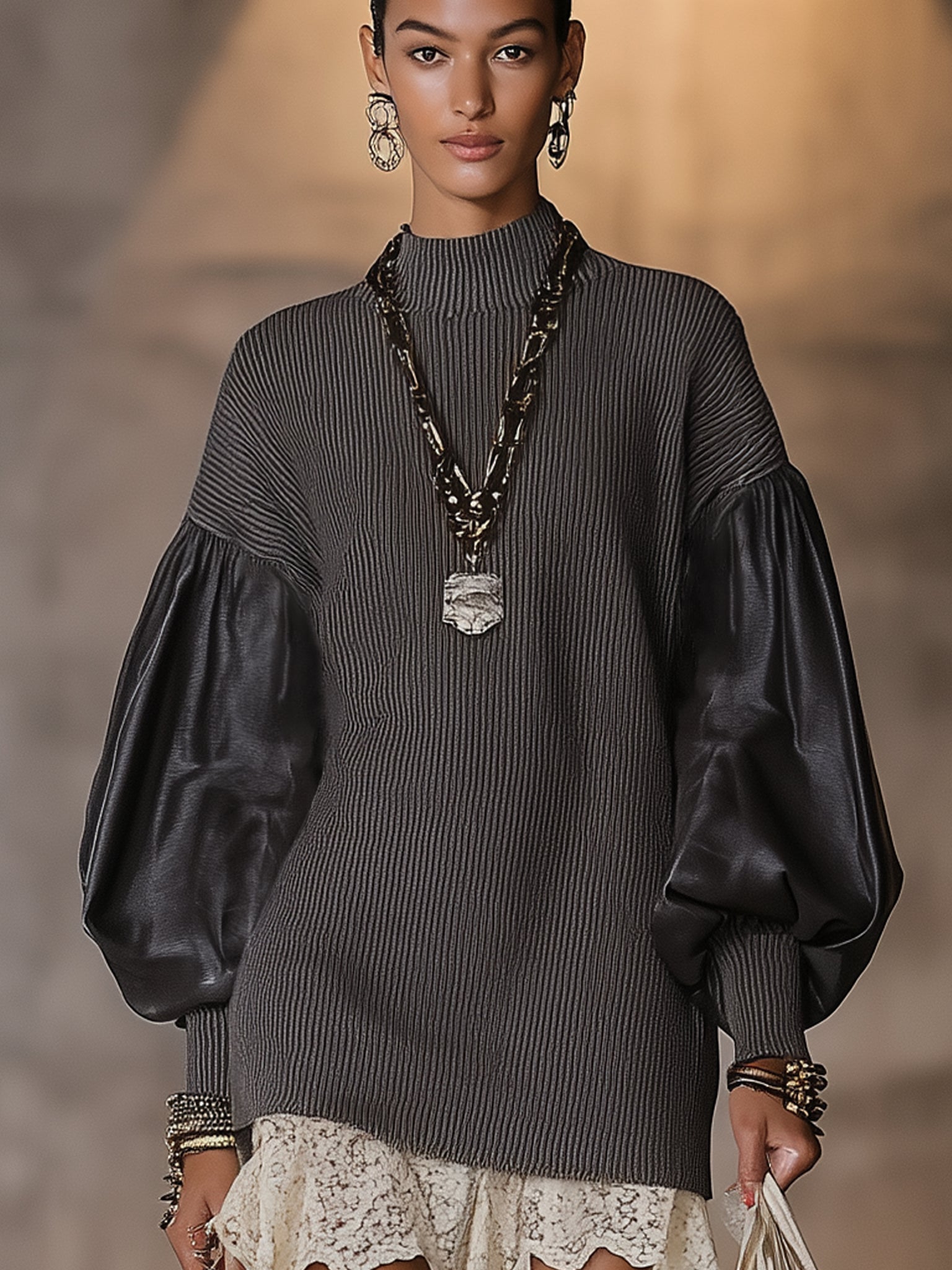 Charcoal Knit Suede Sleeve Mini Dress With Lace Hem