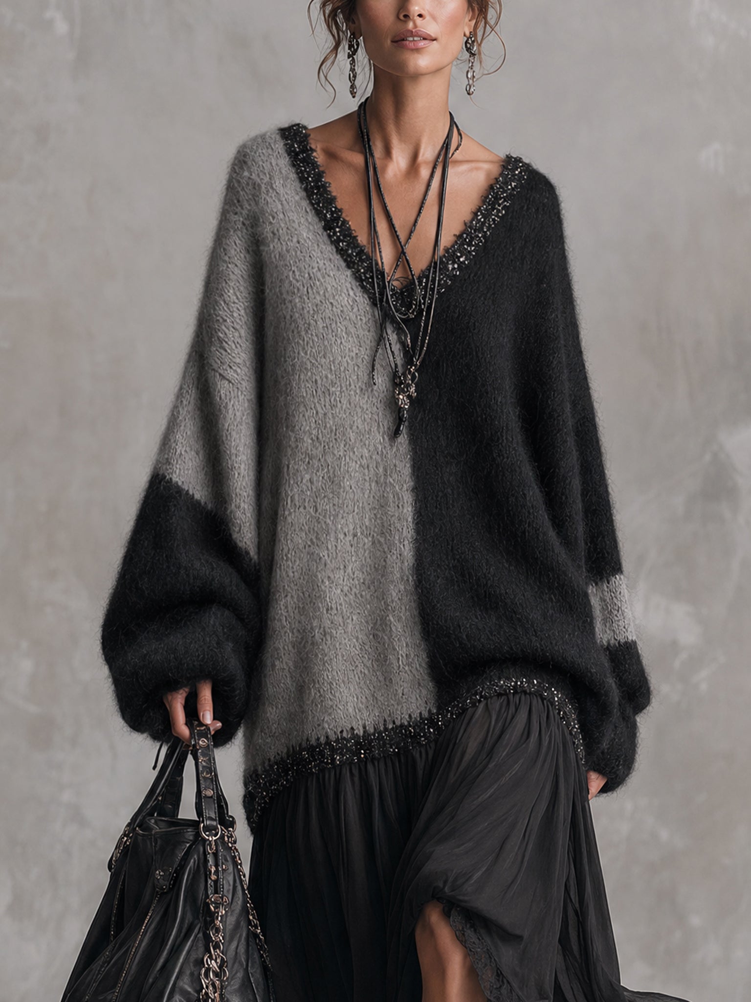 Black And Gray Chiffon Patchwork Oversized Knit Maxi Dress