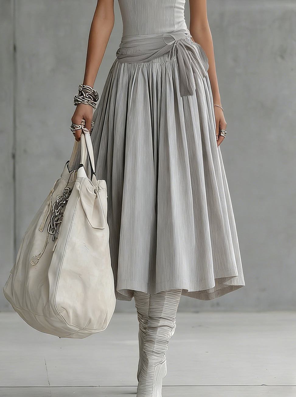 Gray Ribbed Tank Bodice Draped Midi Dress