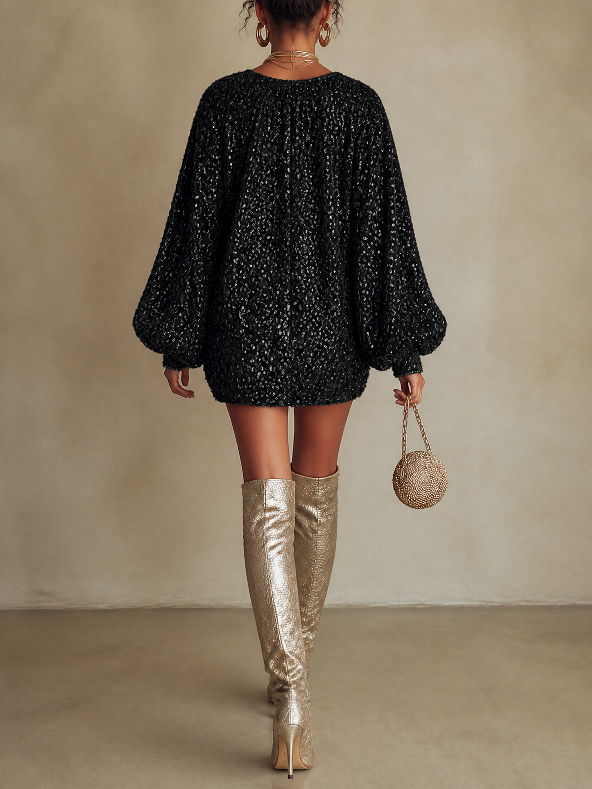 Black Sequin Deep V‑Neck Balloon Sleeve Mini Dress