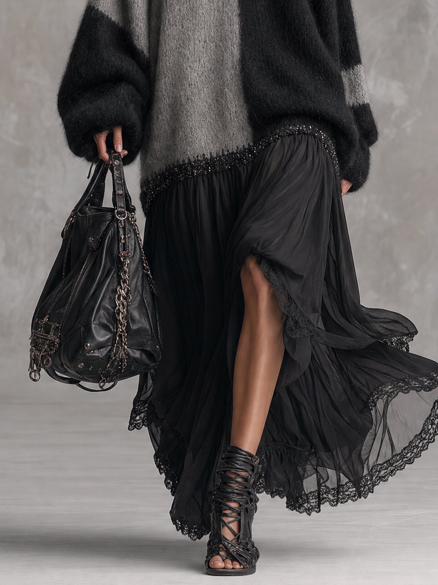 Black And Gray Chiffon Patchwork Oversized Knit Maxi Dress