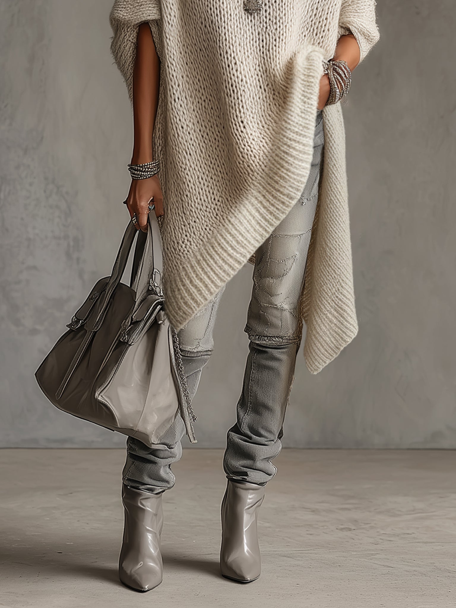 Ivory Asymmetrical Hem Loose Turtleneck Midi Dress