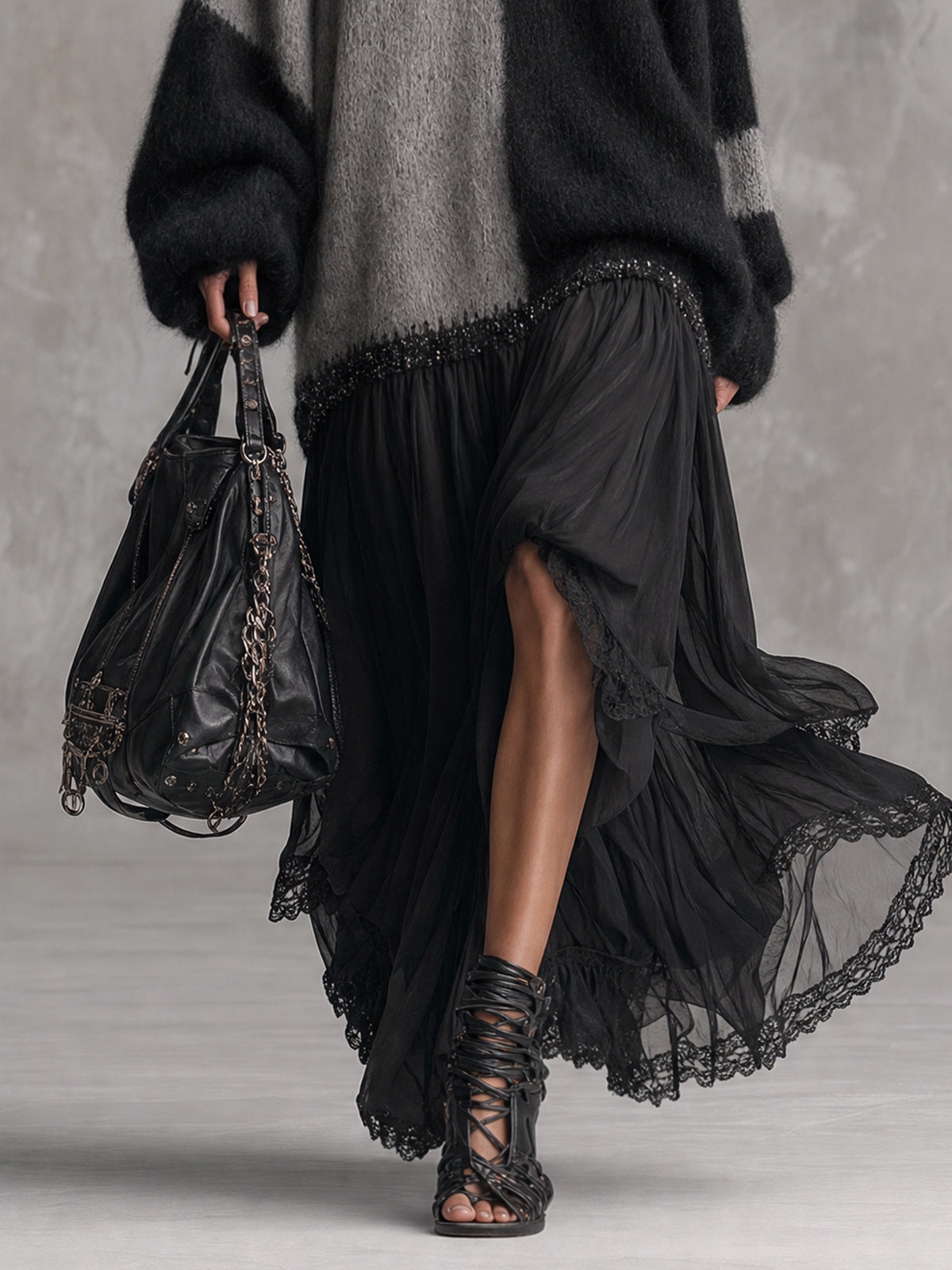 Black And Gray Chiffon Patchwork Oversized Knit Maxi Dress