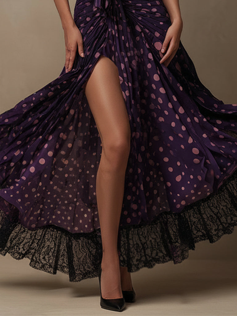 Purple Polka Dot Lace Trim Slit Maxi Dress