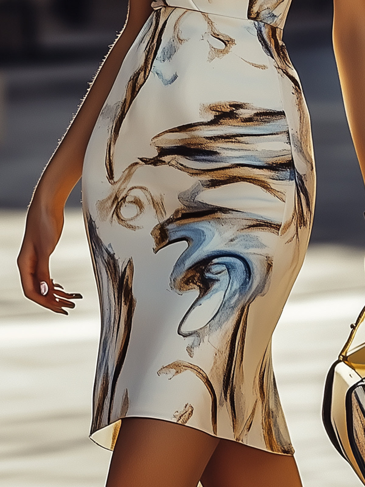 Abstract Print V-Neck Sleeveless Bodycon Dress