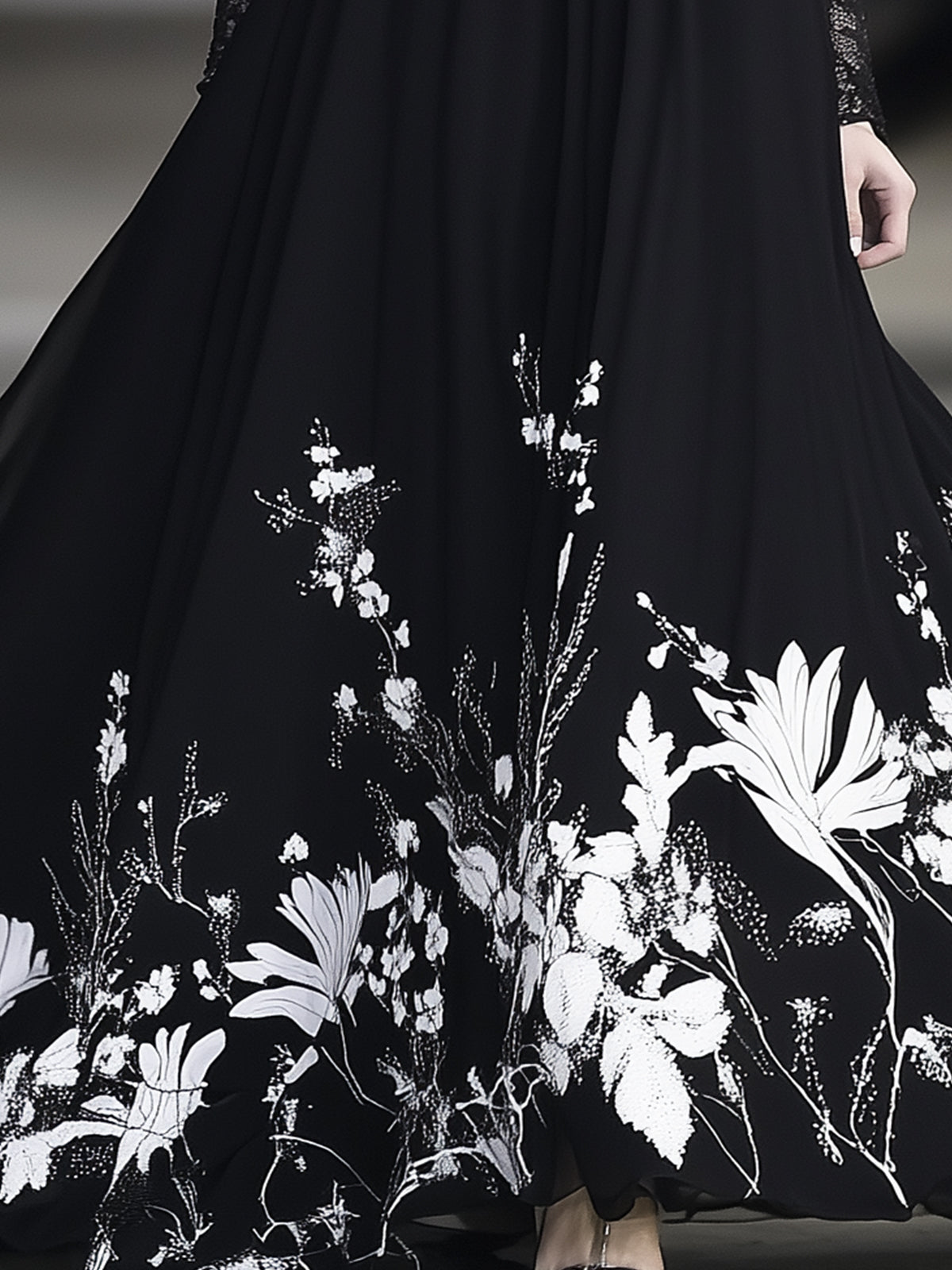 Black Floral Print Maxi Dress With Lace Neckline And Sleeves