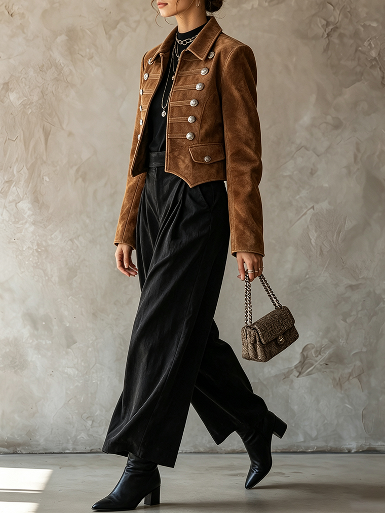 Cognac Brown Suede Military Jacket
