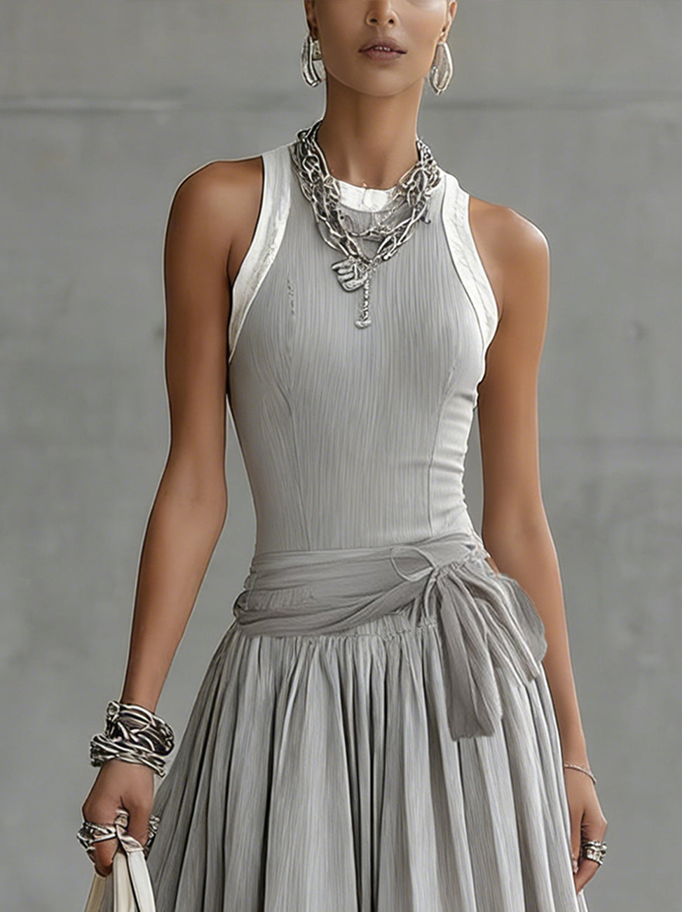 Gray Ribbed Tank Bodice Draped Midi Dress
