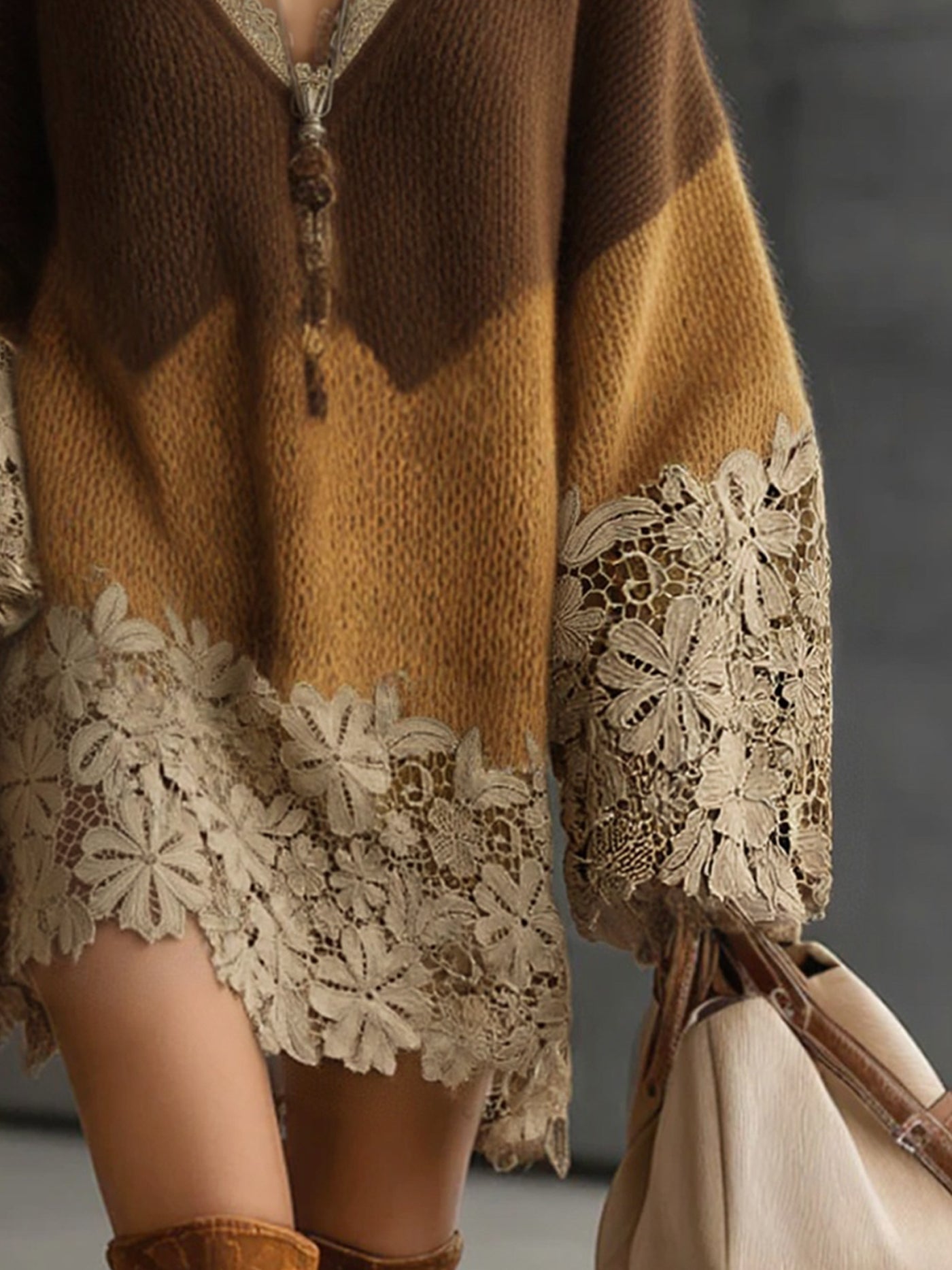 24-Hour-Shipping Brown Ombre Knit Lace Oversized Long Sleeve Mini Dres