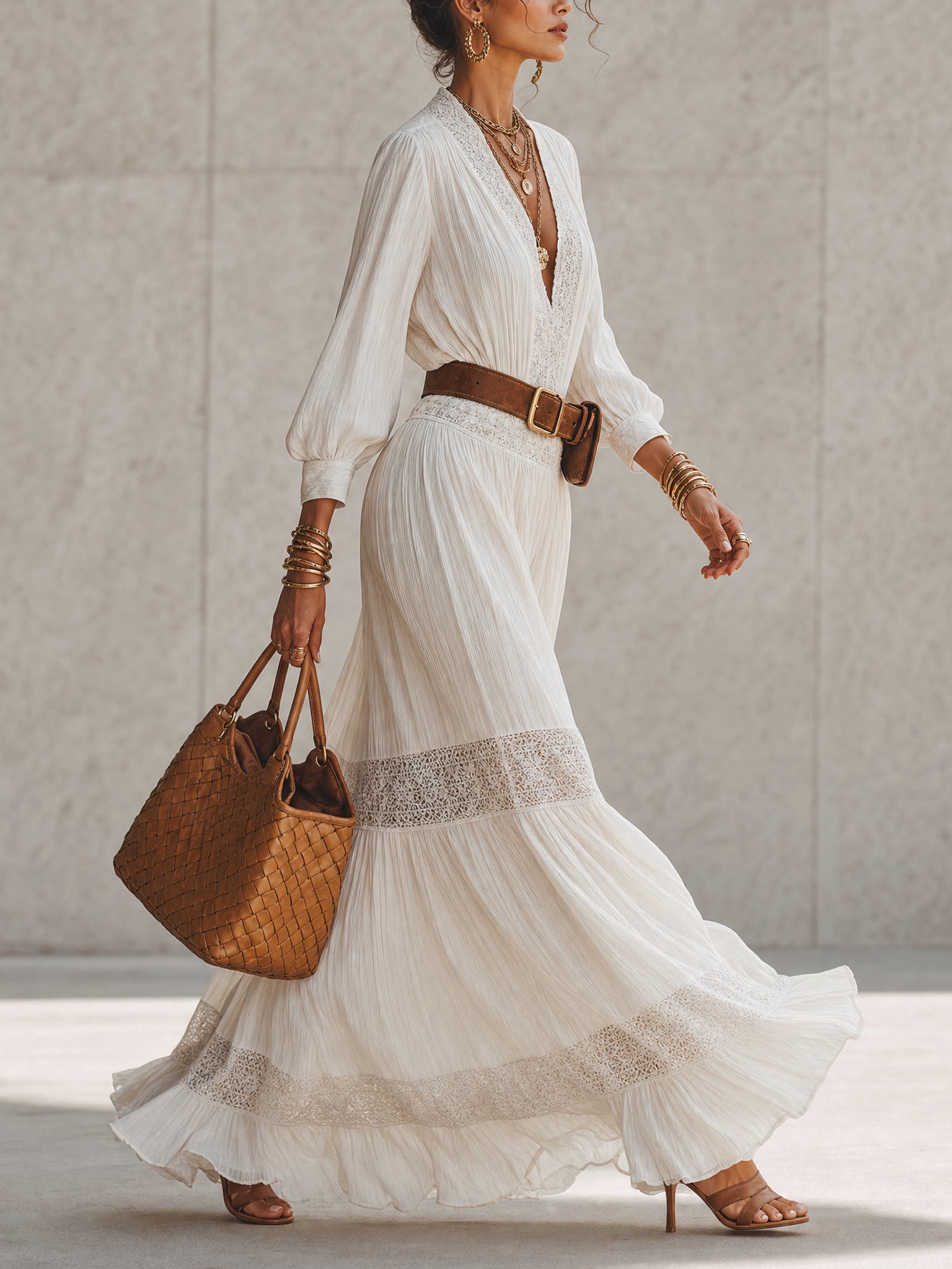 White Pleated Lace Panel Deep V-Neck Maxi Dress