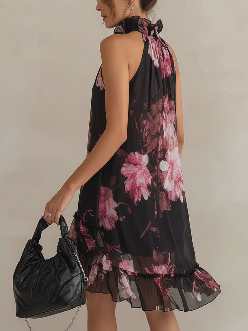 Black Chiffon Floral Sleeveless Mini Dress