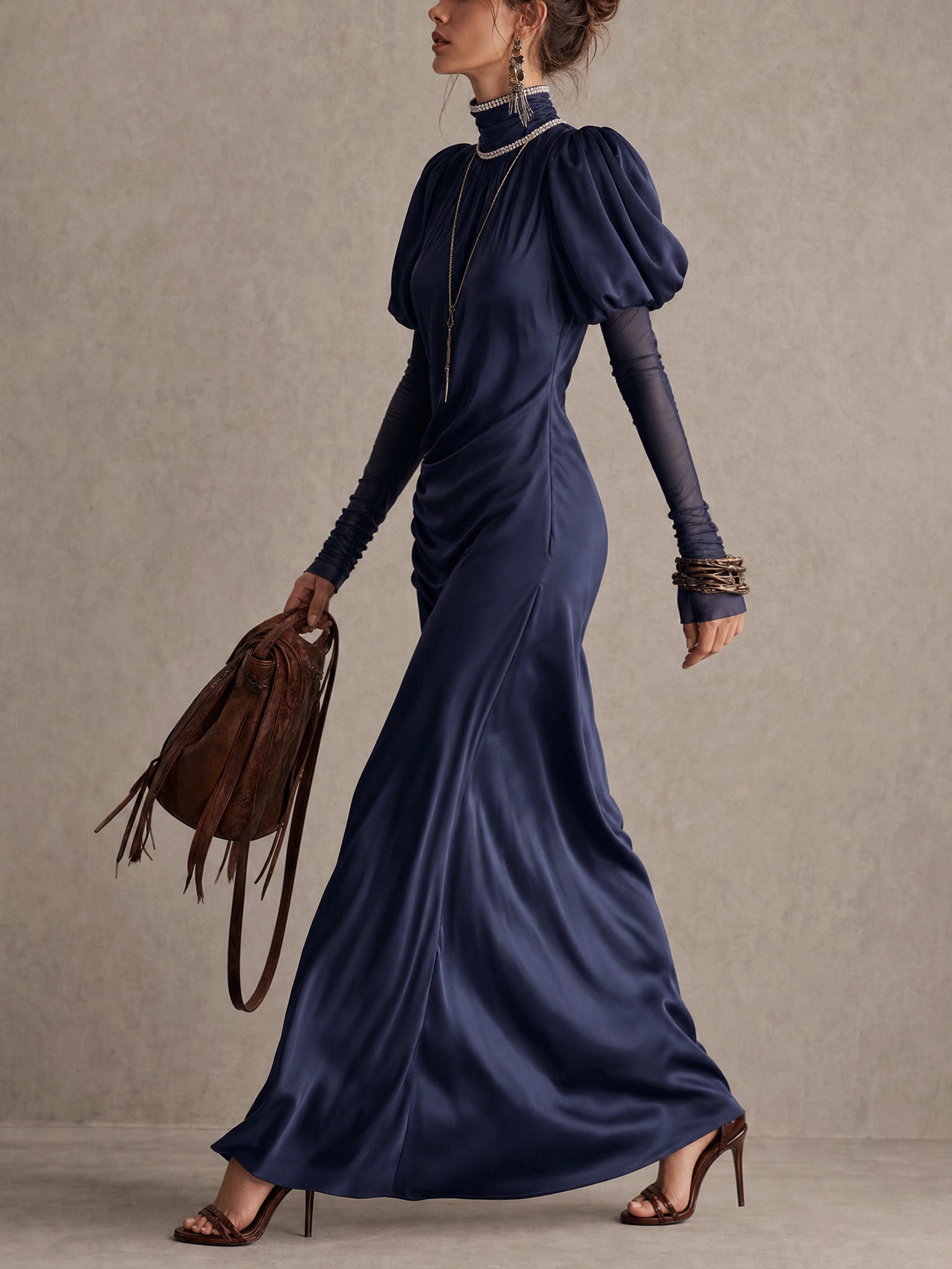 Blue Satin Rhinestone Collar Maxi Dress