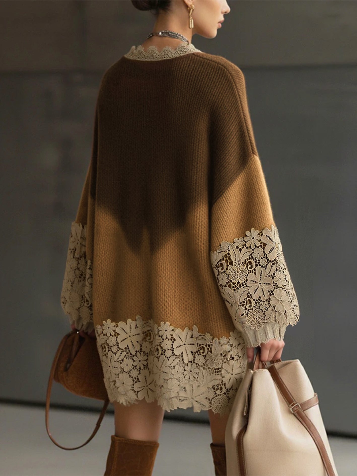 Brown Ombre Knit Lace Oversized Long Sleeve Mini Dress