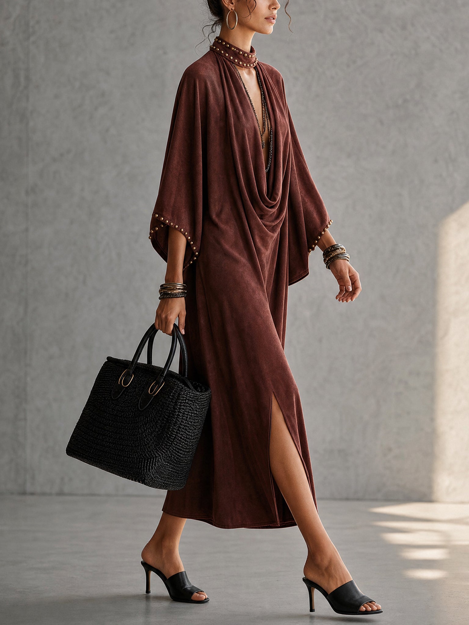 Burgundy Faux Suede Beaded Slit Midi Dress
