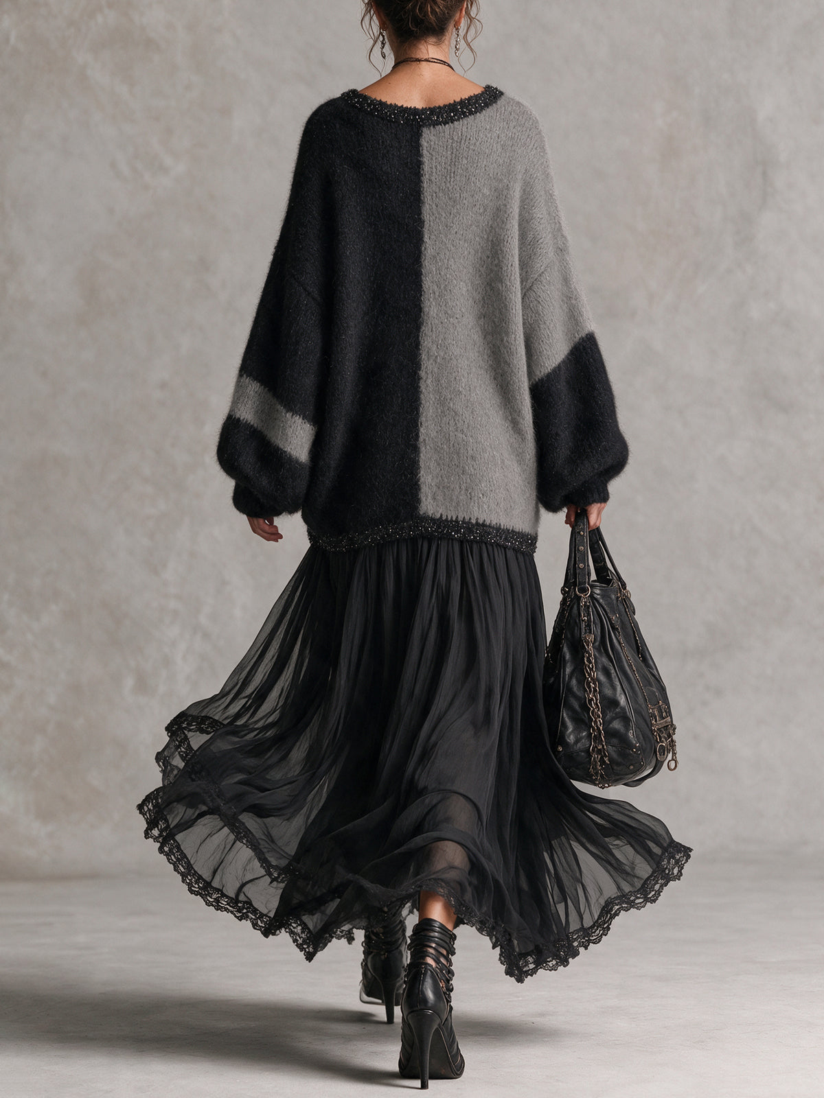 Black And Gray Chiffon Patchwork Oversized Knit Maxi Dress