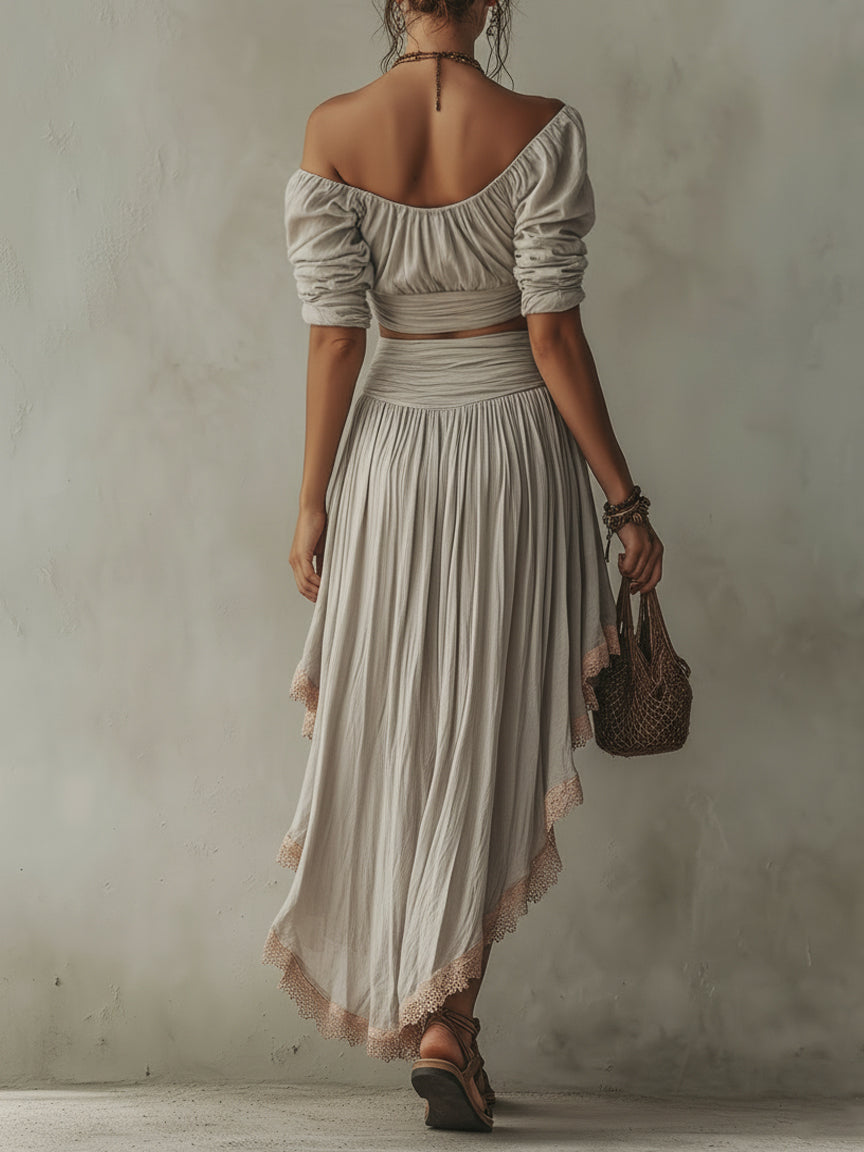 Gray V-Neck Midi Top And Skirt Set