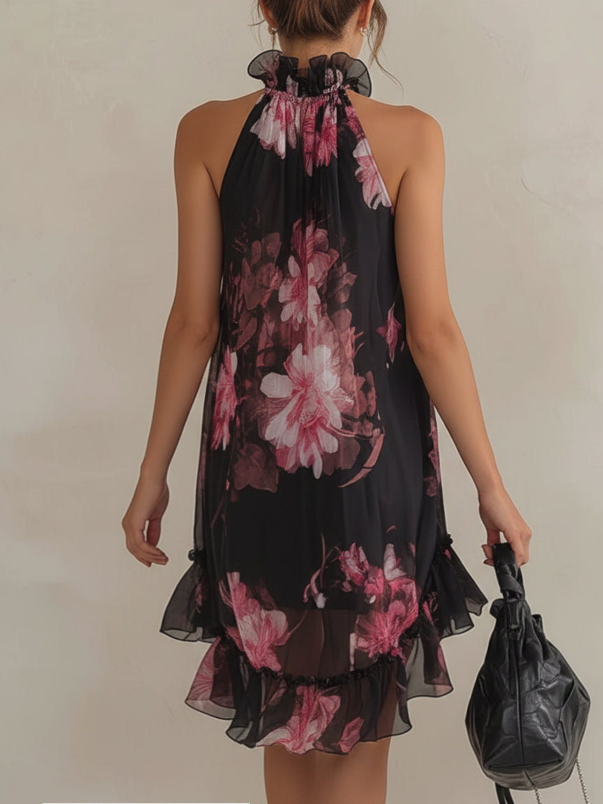 Black Chiffon Floral Sleeveless Mini Dress