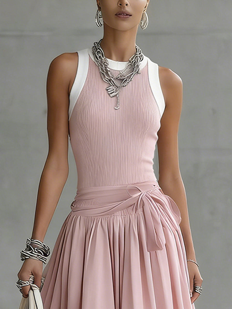 Gray Ribbed Tank Bodice Draped Midi Dress