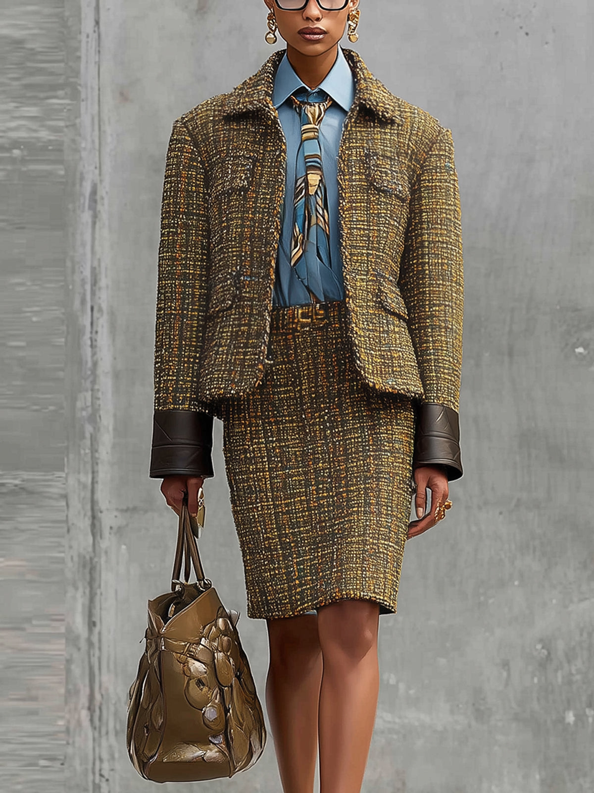 Brown Classic Textured Tweed Skirt Set