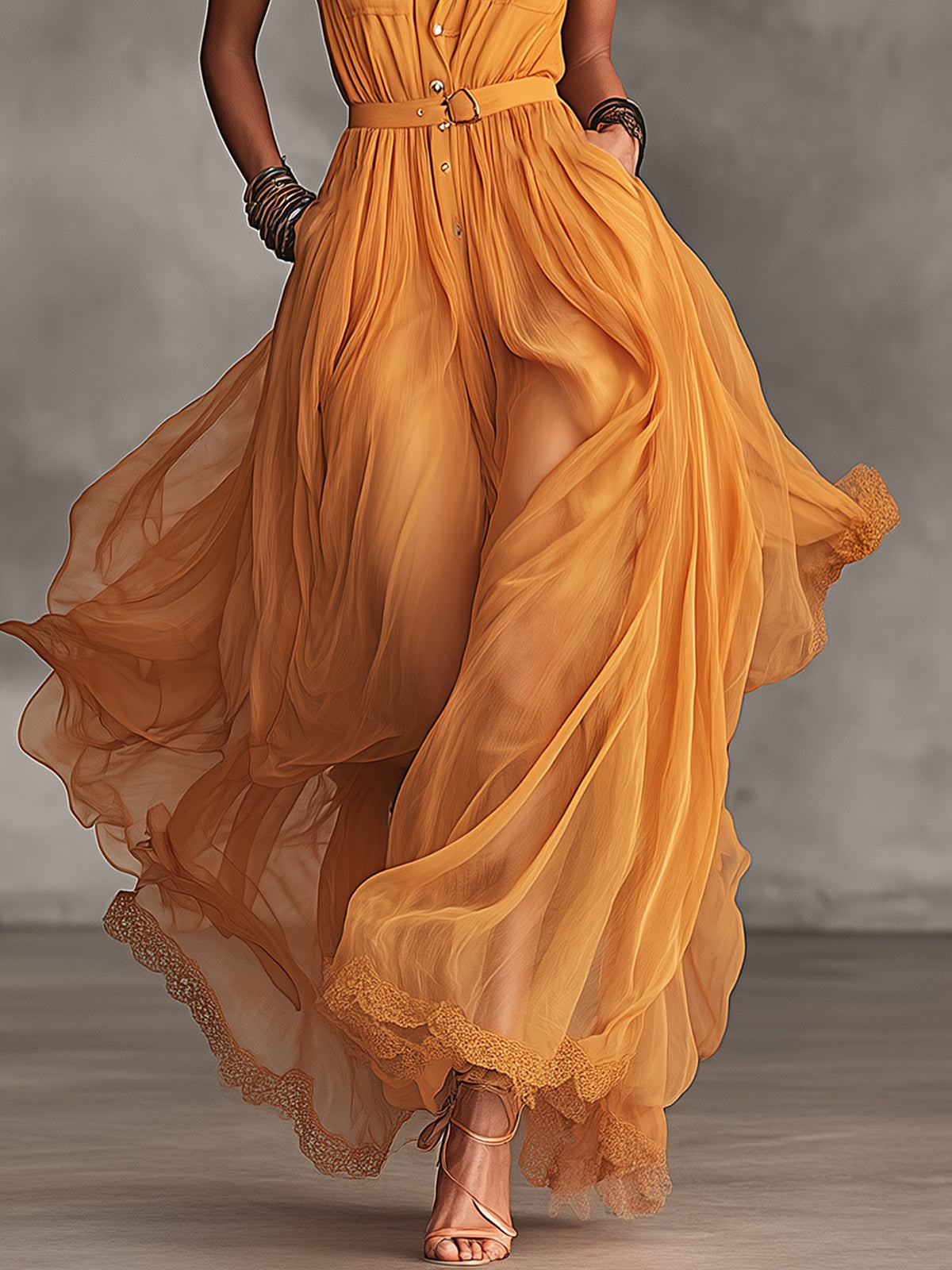 Orange Button-Down Belted Chiffon Maxi Dress