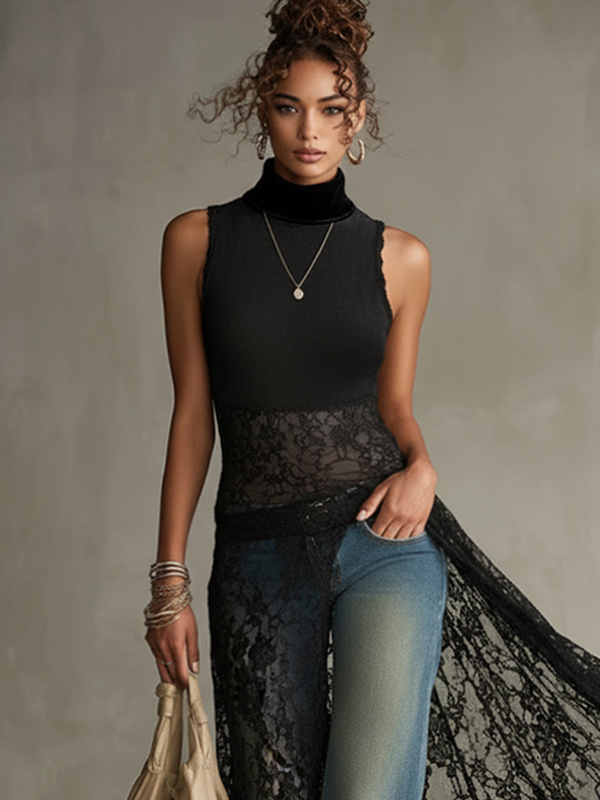 Black Velvet Sleeveless High-Neck Dress With Flocked Lace