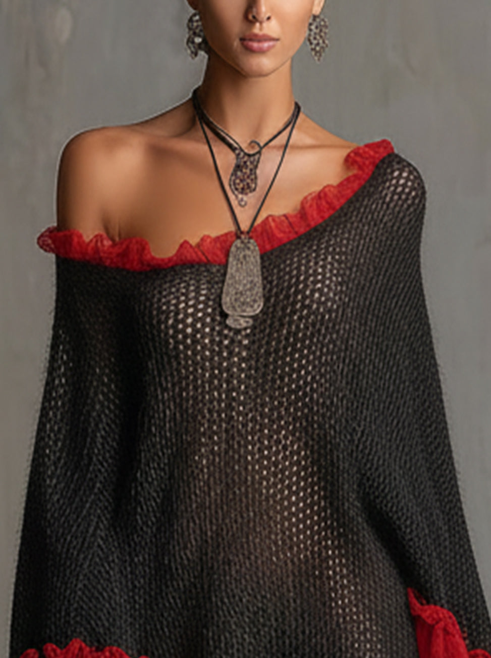 Black And Red Mesh Knit Off-Shoulder Ruffle Hem Sweater Dress