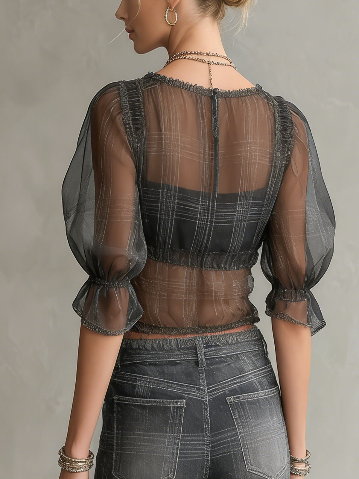 Sheer Black Plaid Puff Sleeve Tie-Front Blouse