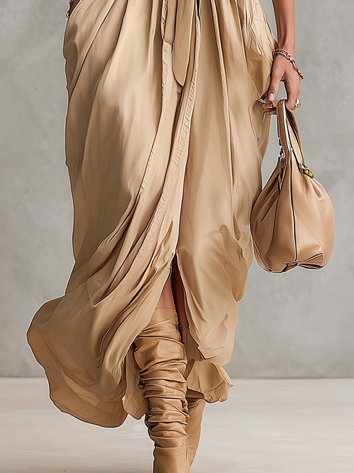 Khaki Off Shoulder Cotton Linen Maxi Dress With Front Slit