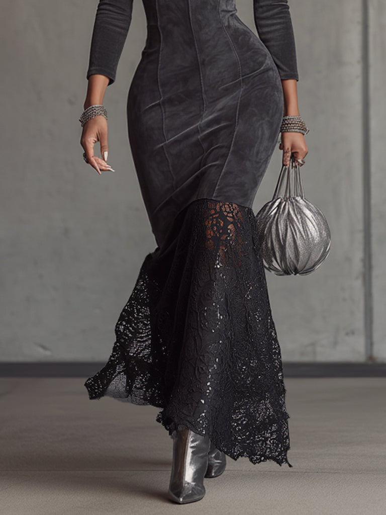 Gray Suede Vintage Maxi Dress With Lace Hem And Detachable Fur Collar