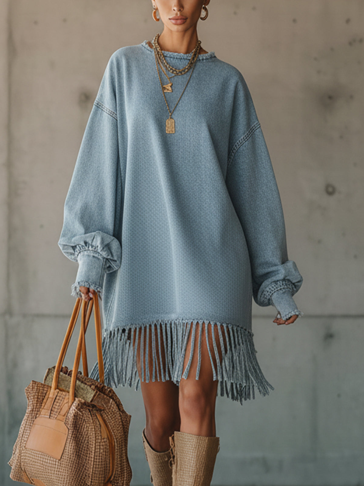 Light Blue Oversized Denim Fringe Hem Mini Dress